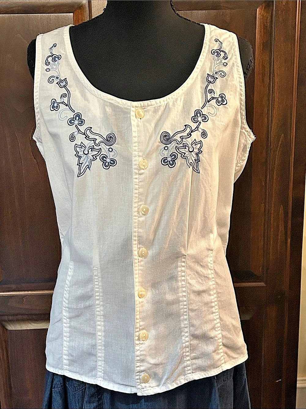 90’s Lizwear Sz L Cotton Button Front Botanical Embroidered Tank Sleeveless Blou